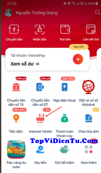 thanh toán cước Internet Viettel qua ViettelPay